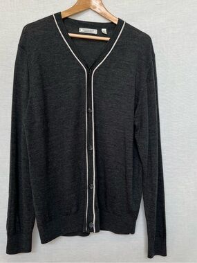 Men's Gray 100% Merino Wool V-Neck Button Down Cardigan with Contrast Trim